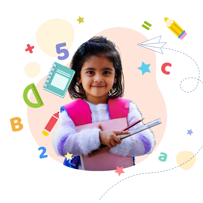 Child with letters and numbers around her.