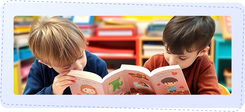 Children reading a book.